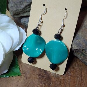 Hand Crafted Dangle Drop Earrings with Turquoise Teal Acrylic Wavy Beads